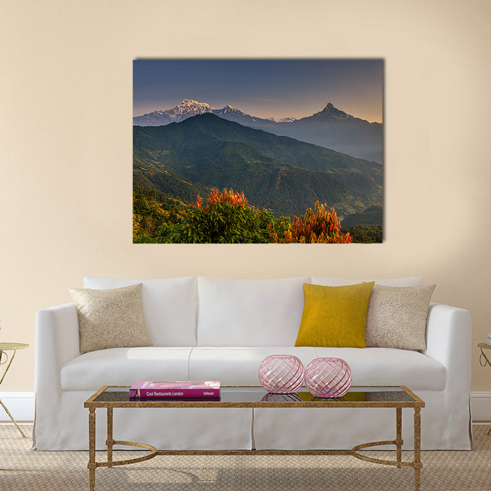 Sunrise Over Himalaya Mountains Near Pokhara Nepal Canvas Wall Art in orange, green and blue, single panel hung on a wall