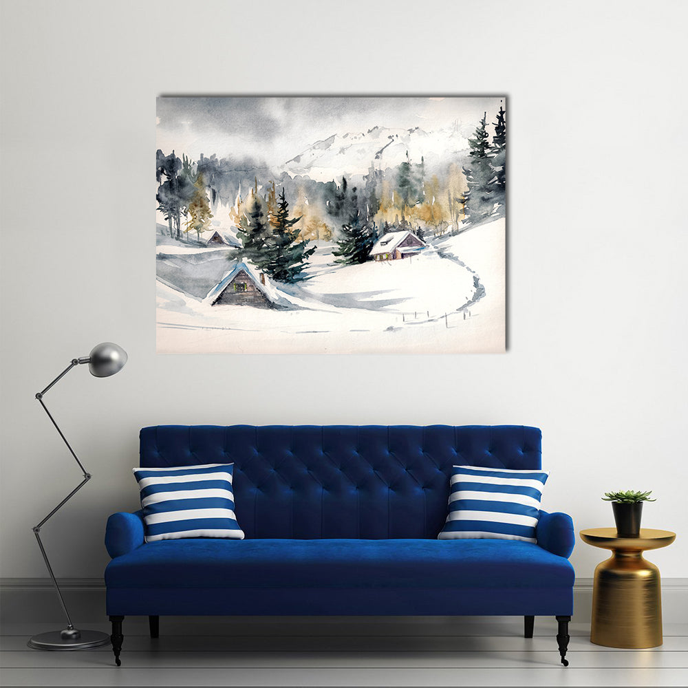Snowy Mountain Village Canvas Wall Art in white and gray, single panel hung on a wall