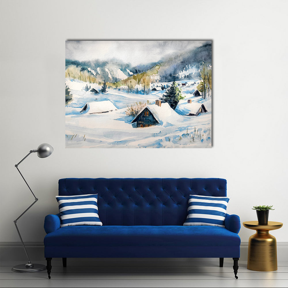 Snowy Mountain Village Canvas Wall Art in white, gray and blue, single panel hung on a wall