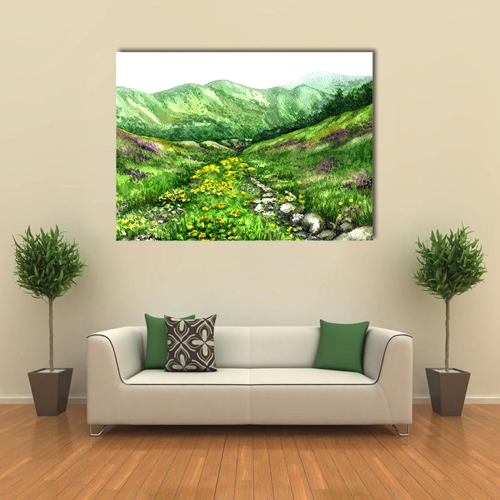 Summer View of Mountain Valley Canvas Wall Art in white, yellow and green, single panel hung on a wall