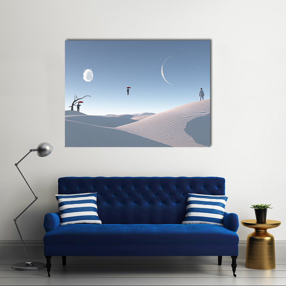 Floating Man with Umbrella in Surreal Desert Canvas Wall Art in white, beige and blue, single panel hung on a wall