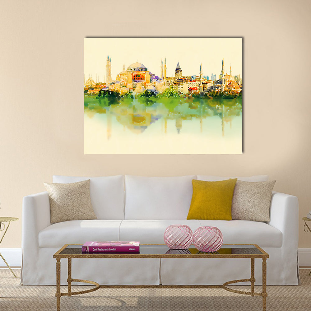 Istanbul Watercolor Skyline with Hagia Sophia Reflection Canvas Wall Art in beige, yellow and green, single panel hung on a wall