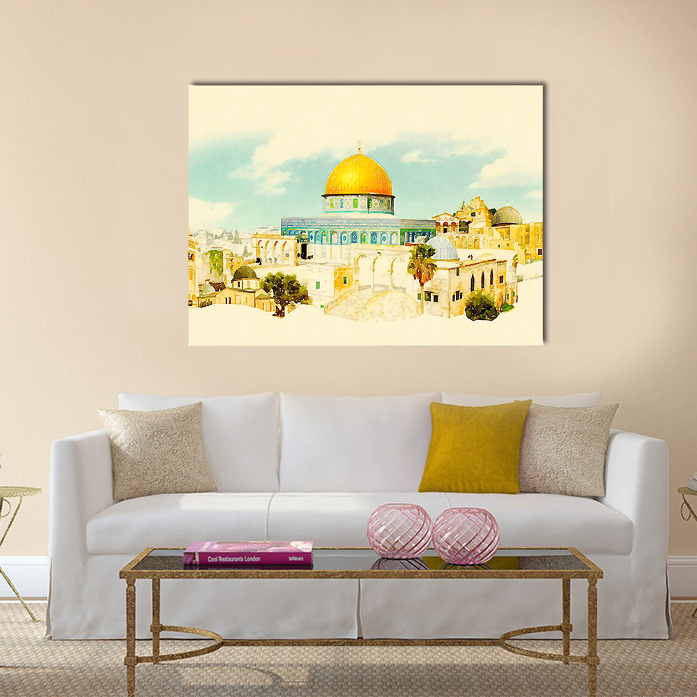 Jerusalem Old City Watercolor Illustration Canvas Wall Art in beige, yellow and blue, single panel hung on a wall