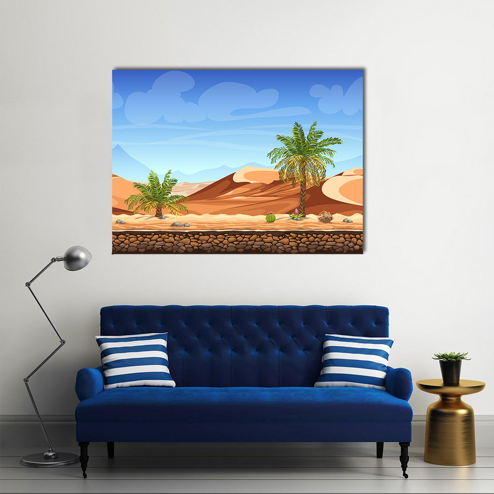 Desert Side-scrolling Game Scene Canvas Wall Art in beige, orange and blue, single panel hung on a wall
