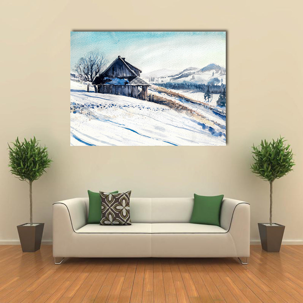Wooden Cabin in Winter Mountains Canvas Wall Art in white, brown and blue, single panel hung on a wall