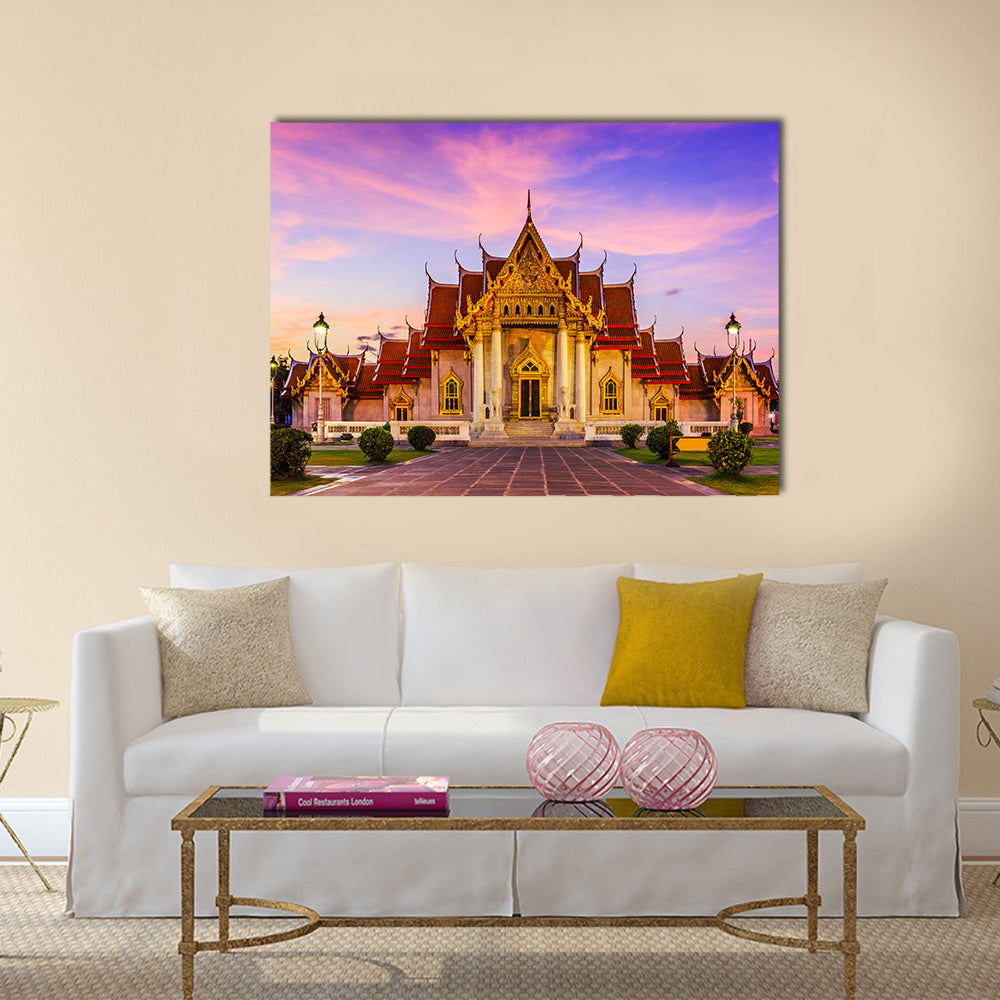 The Marble Temple In Thailand Canvas Wall Art in gold, orange and purple, single panel hung on a wall