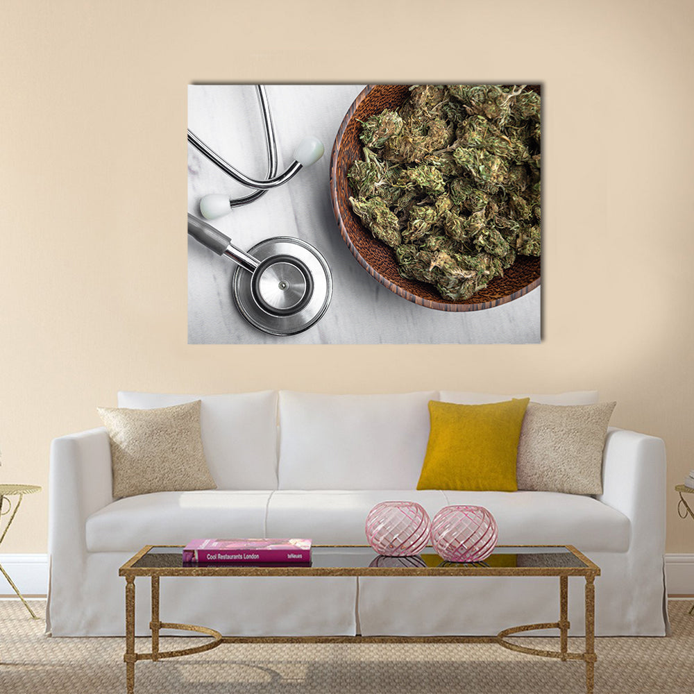 Medical Marijuana Buds with Stethoscope Canvas Wall Art in gray, brown and green, single panel hung on a wall