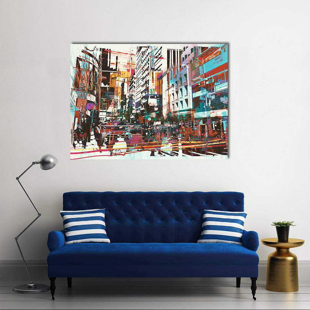 Energetic Abstract Cityscape in Cyan and Red Canvas Wall Art