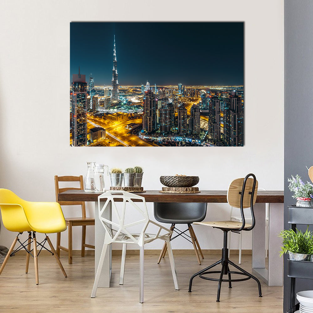 Dubai Business Bay Night Skyline Canvas Wall Art in black, yellow and blue, single panel hung on a wall