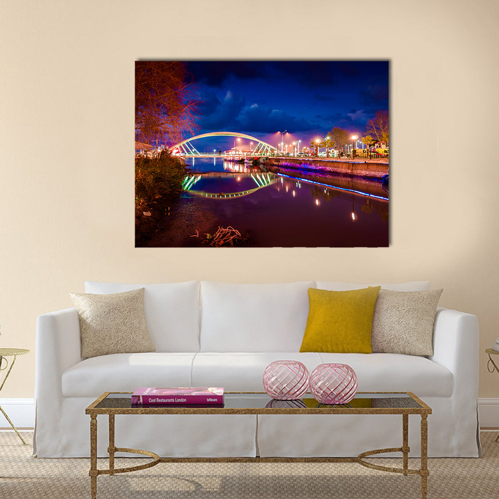 Lovers Bridge Of The Yalova City Turkey Canvas Wall Art in brown, blue and navy, single panel hung on a wall