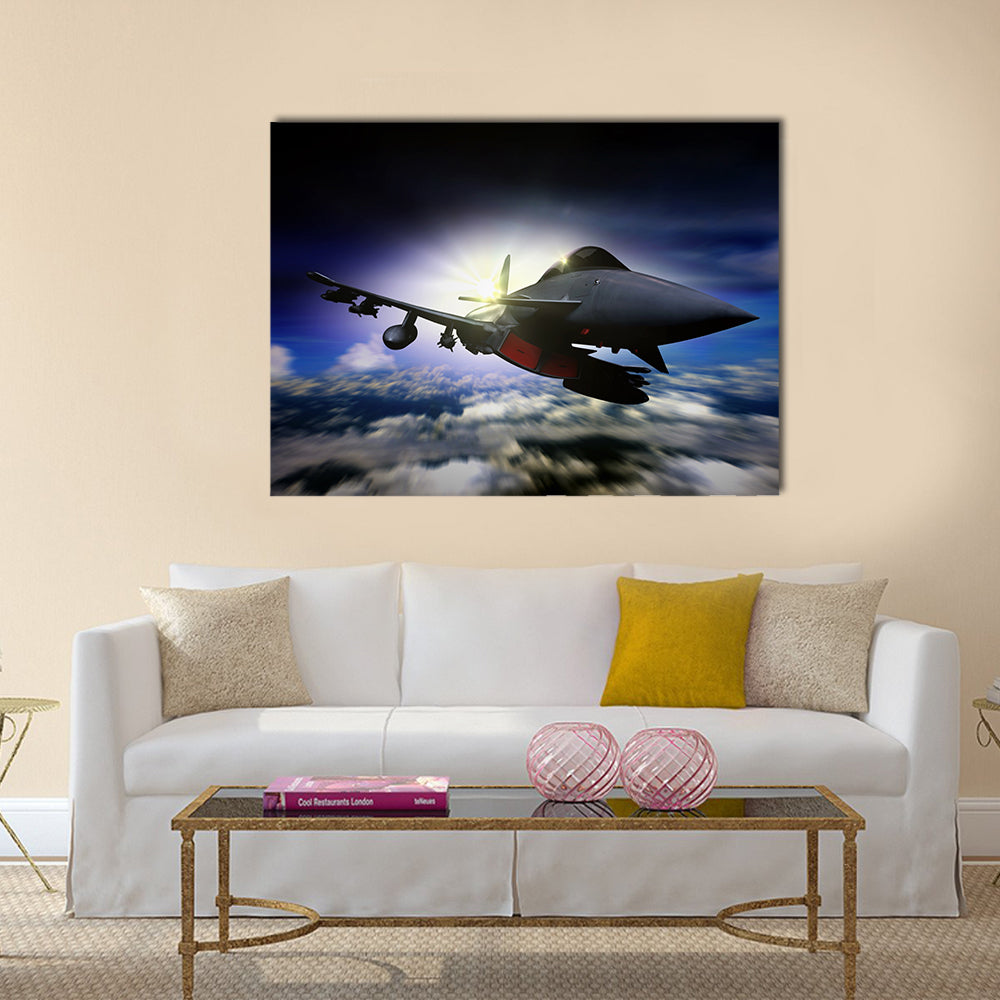 Military Jet Flying During Sunrise Canvas Wall Art