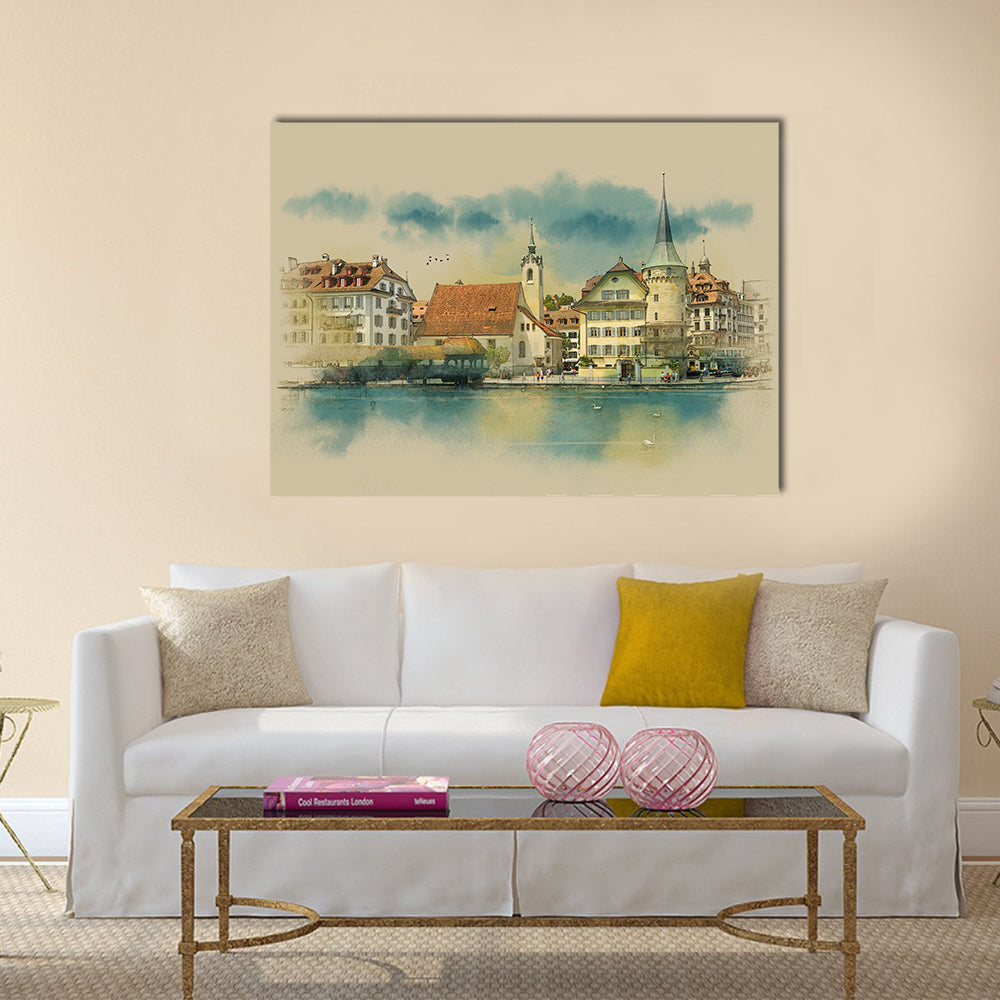 Sketch Of Lucerne Town In Switzerland Canvas Wall Art in beige, yellow and blue, single panel hung on a wall