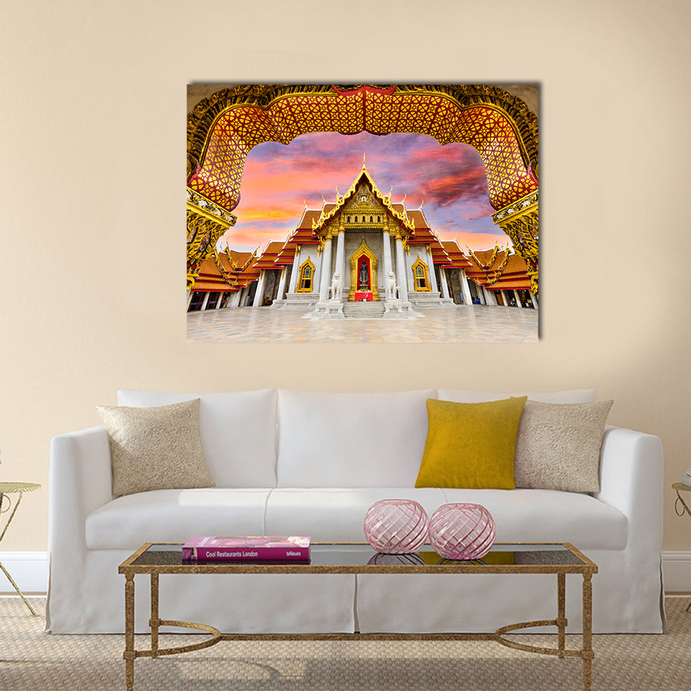 Marble Temple Of Bangkok In Thailand Canvas Wall Art in gold, orange and pink, single panel hung on a wall