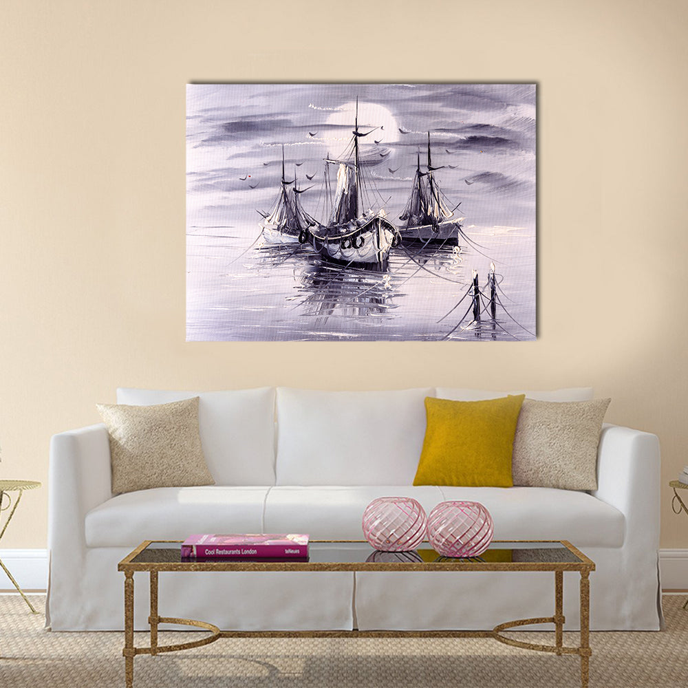 Moonlit Sailing Ships with Purple Reflections Canvas Wall Art
