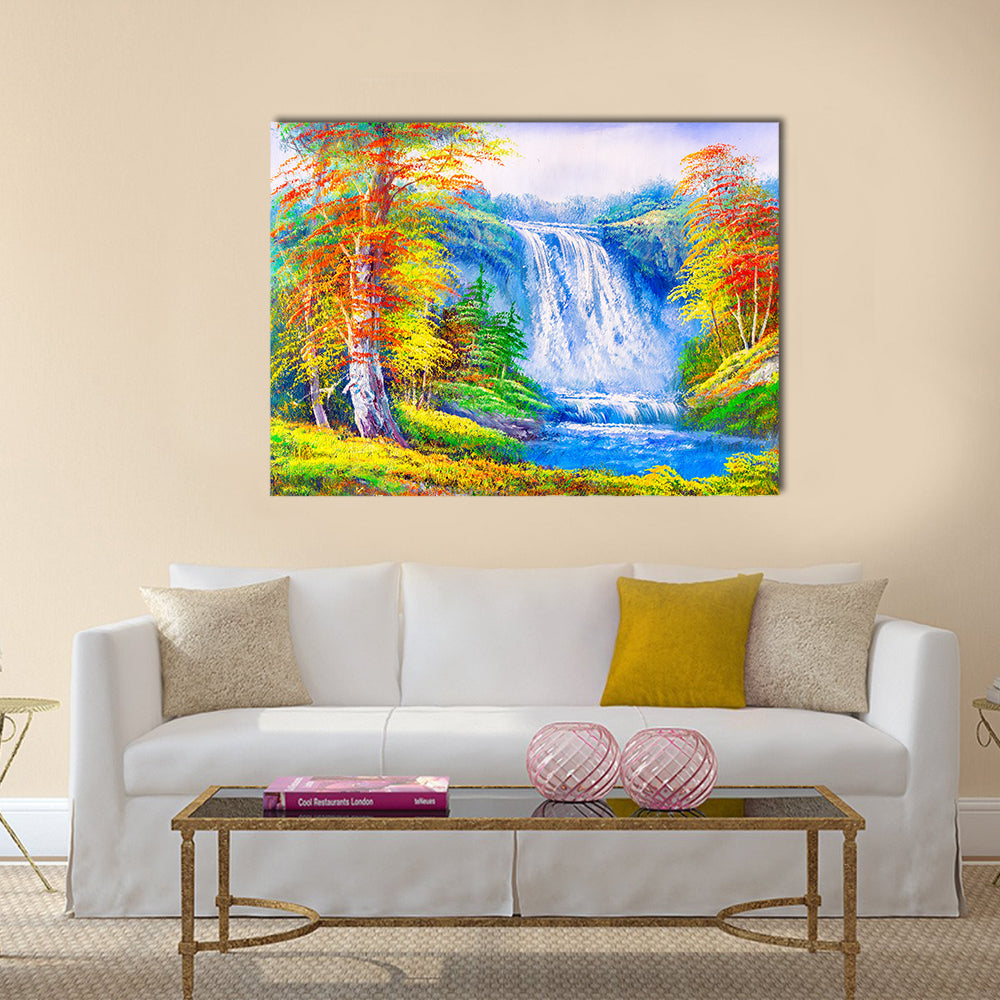 Autumn Waterfall with Colorful Foliage Canvas Wall Art