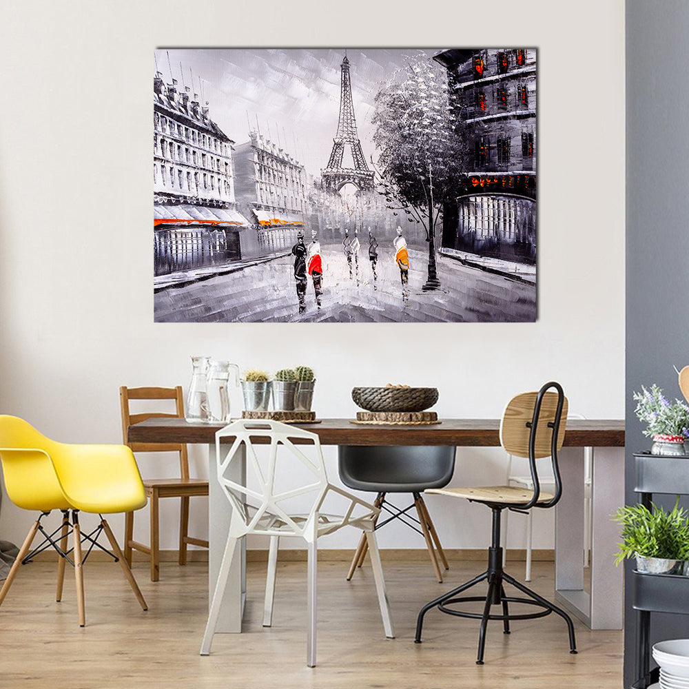 Paris Street Leading to the Eiffel Tower Canvas Wall Art in black, white and gray, single panel hung on a wall