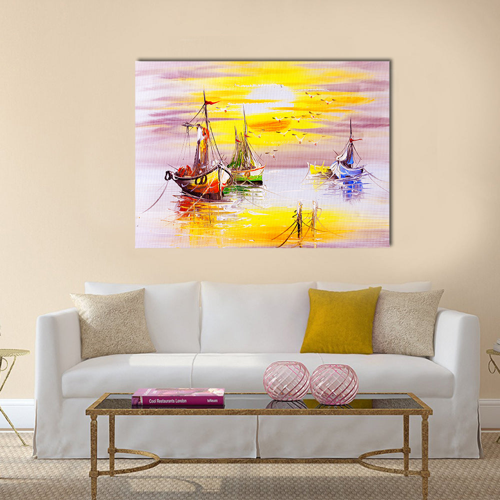 Boats With Sunset Canvas Wall Art