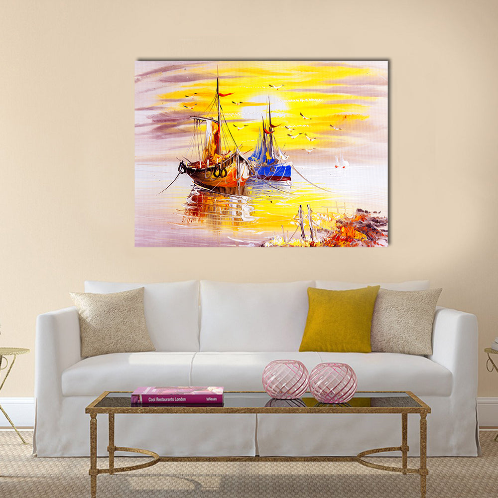 Boats With Sunset Canvas Wall Art