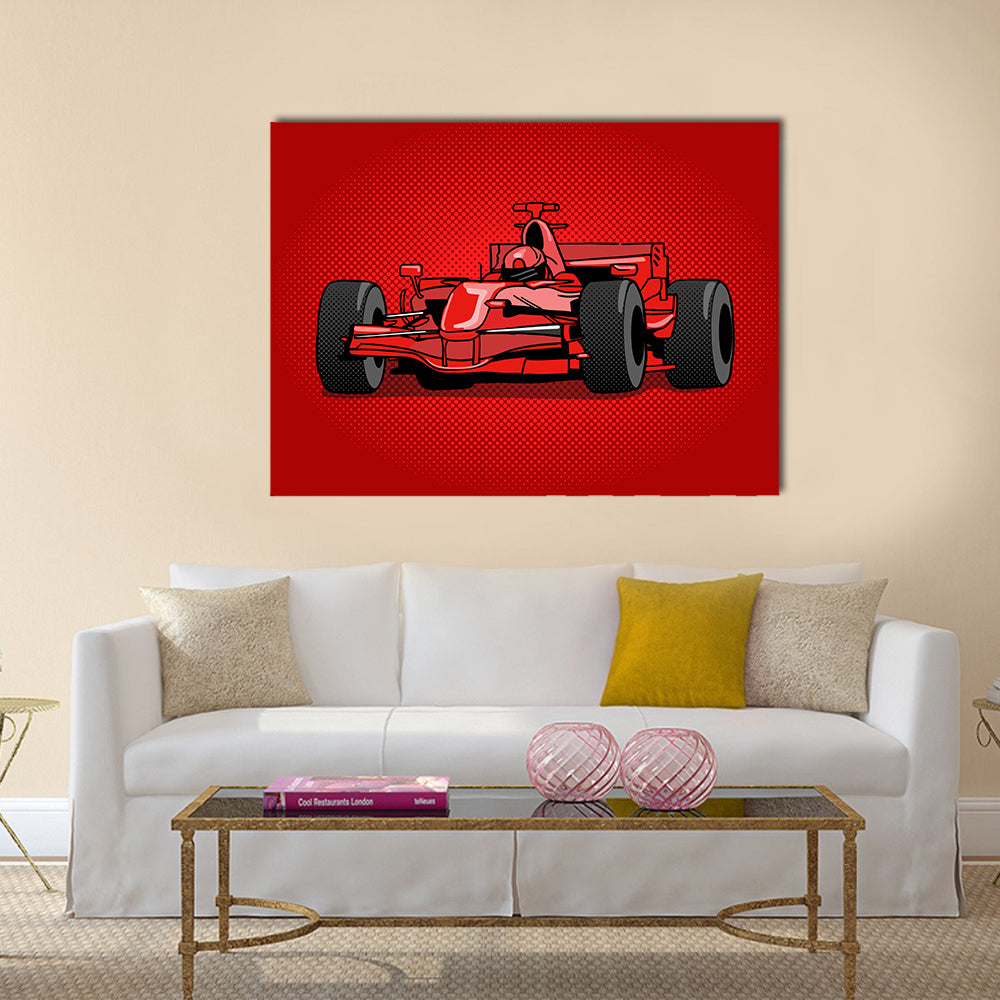 Red Pop Racing Car Canvas Wall Art in black and red, single panel hung on a wall
