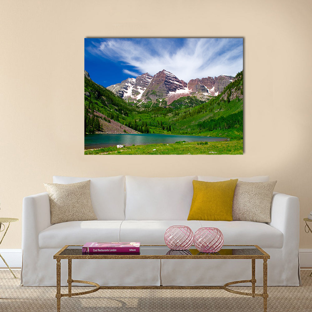 Maroon Bells Alpine Lake and Mountain Peaks Canvas Wall Art in brown, green and blue, single panel hung on a wall
