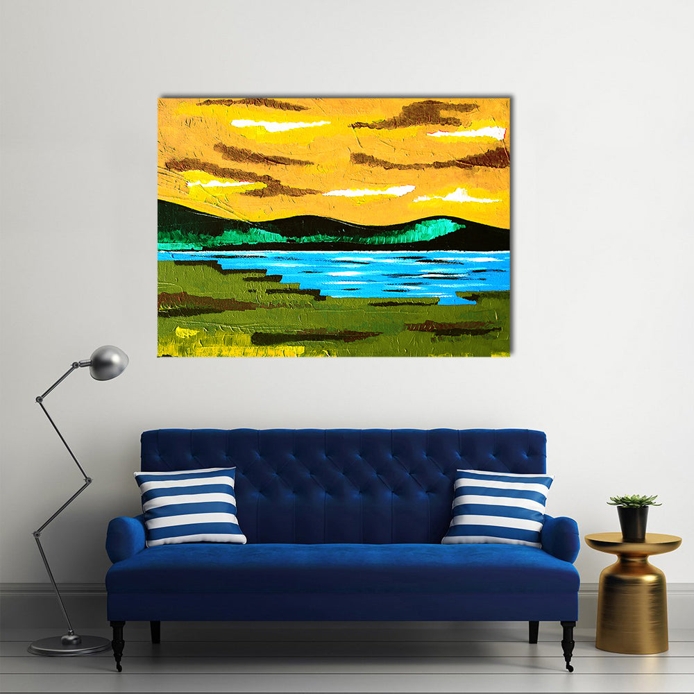 Sunset Lake Meadow Canvas Wall Art in yellow, green and blue, single panel hung on a wall