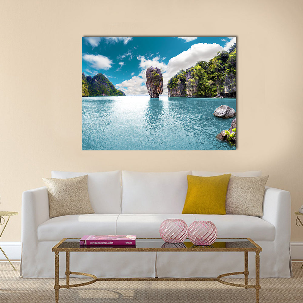 Thailand Sea And Phuket Island Canvas Wall Art in white, green and blue, single panel hung on a wall