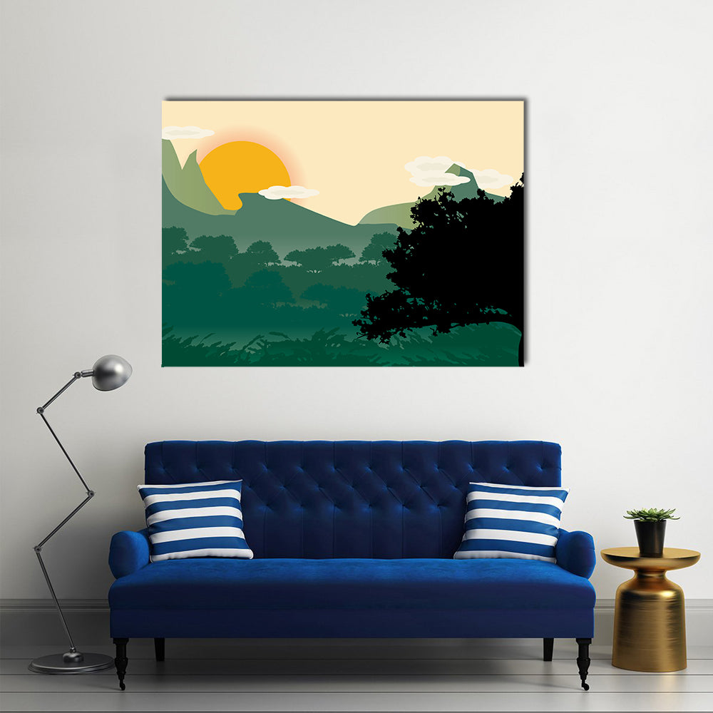 Mountain Sunset Silhouette Canvas Wall Art in orange, yellow and green, single panel hung on a wall