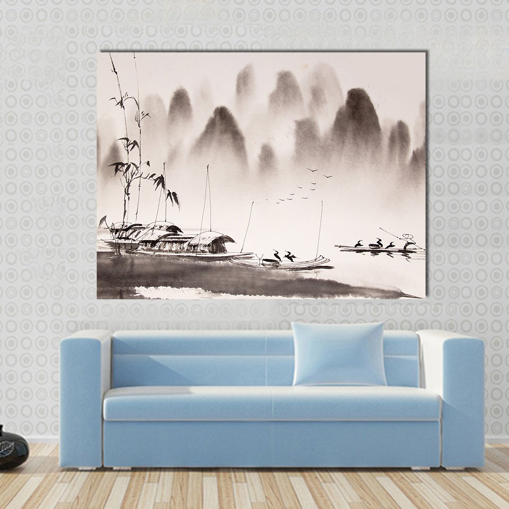 Chinese Ink Wash Landscape Canvas Wall Art in black, white and gray, single panel hung on a wall