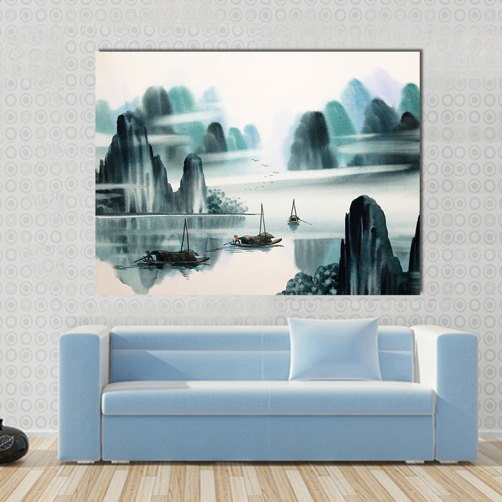 Misty River Chinese Watercolor Landscape Canvas Wall Art in white, gray and green, single panel hung on a wall