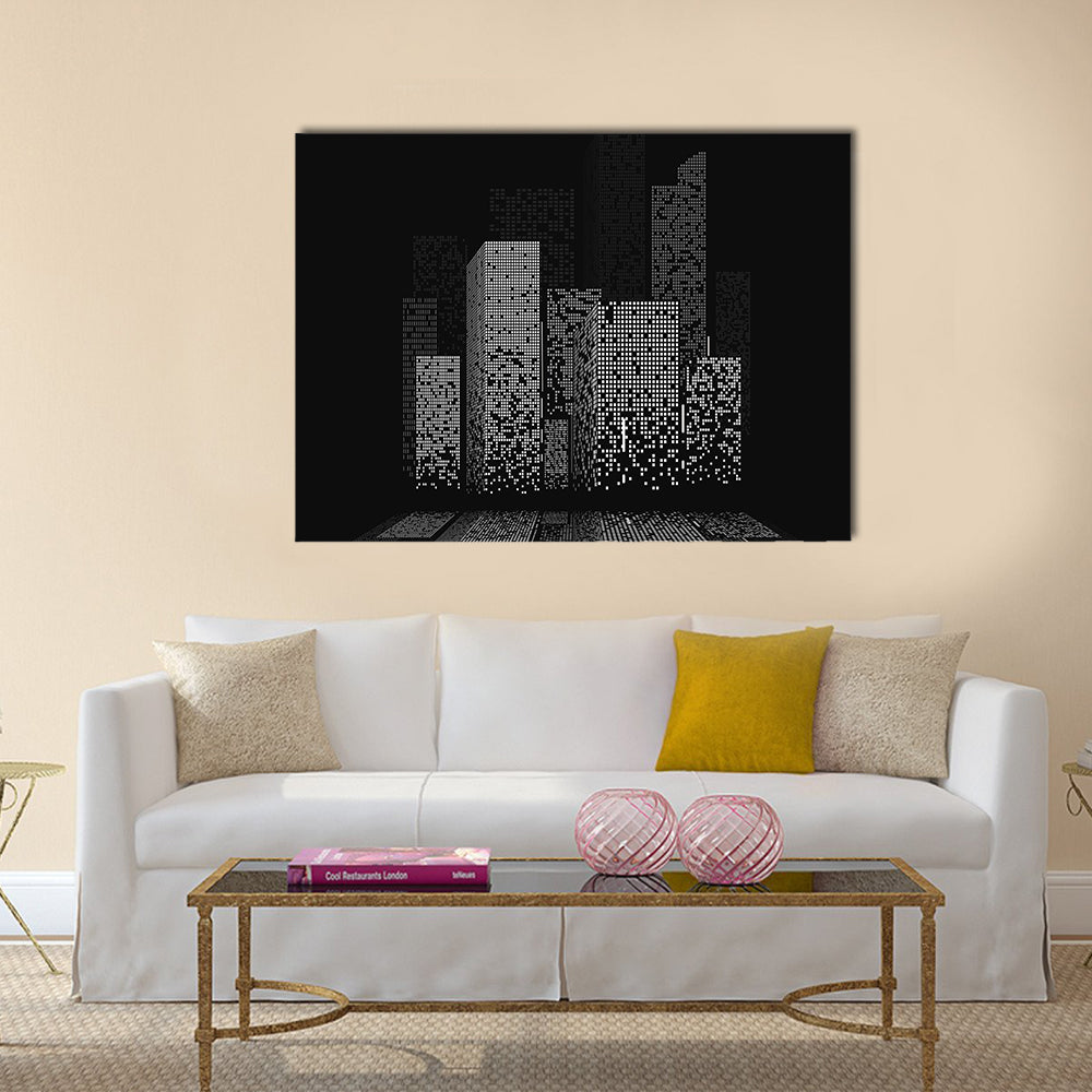 Pixelated Night City Skyline Canvas Wall Art in black and white, single panel hung on a wall