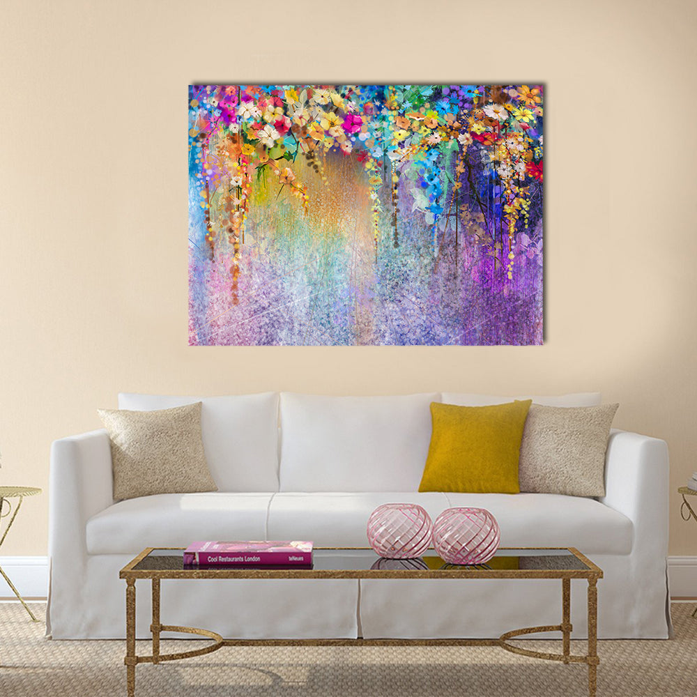 Cascading Watercolor Floral Abstract Canvas Wall Art in blue, purple and multicolor, single panel hung on a wall