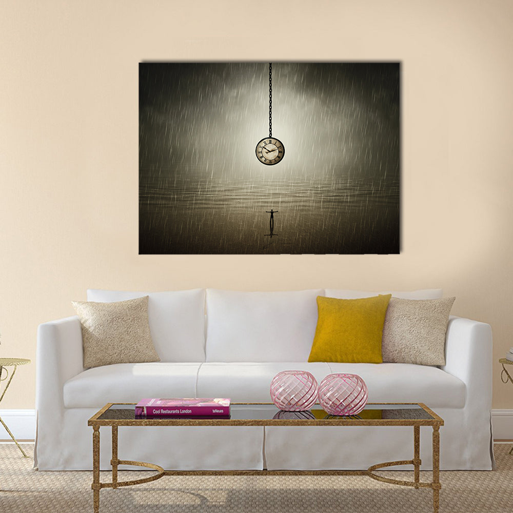 Rainy Night Silhouette with Pocket Watch Canvas Wall Art