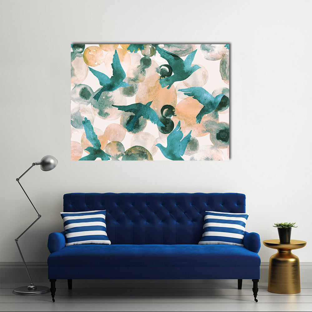Teal Birds in Flight Abstract Canvas Wall Art in white, beige and blue, single panel hung on a wall