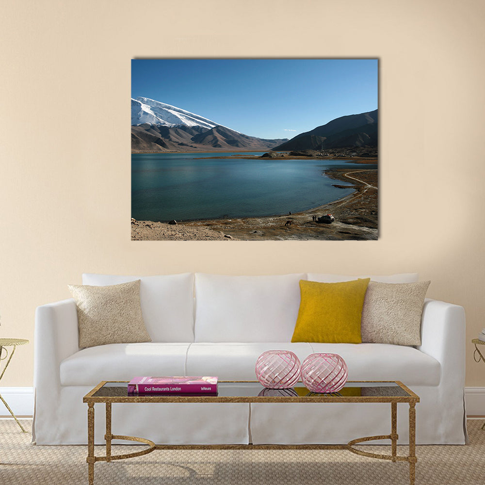 Mountain Muztahgata And Kara Kul Lake In Xinjiang China Canvas Wall Art in white, brown and blue, single panel hung on a wall