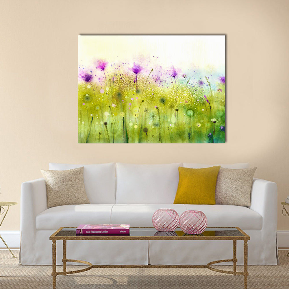 Abstract Cosmos Wildflowers Canvas Wall Art in yellow, green and purple, single panel hung on a wall