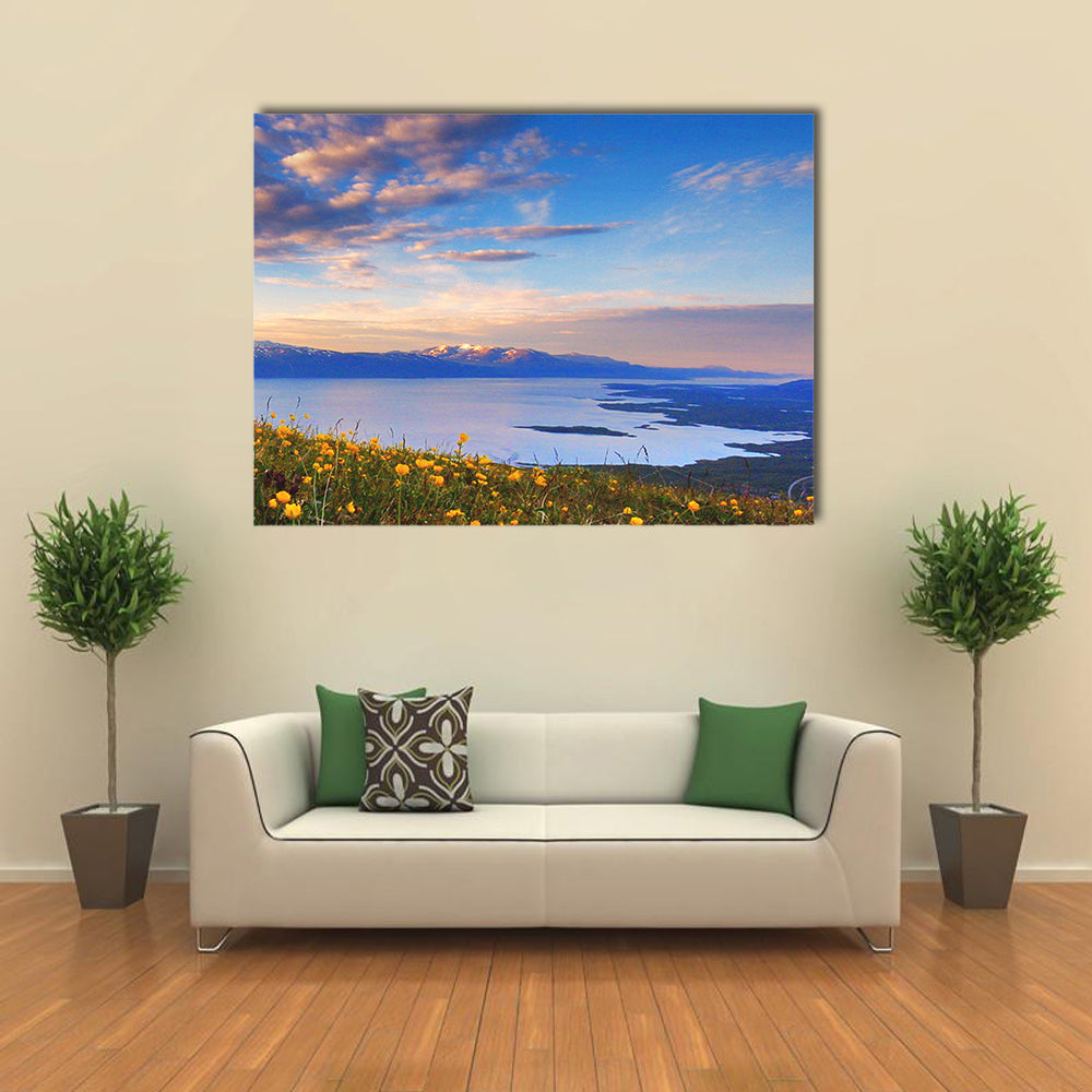 Mountain Lake In Abisko National Park In Sweden Canvas Wall Art in orange, yellow and blue, single panel hung on a wall