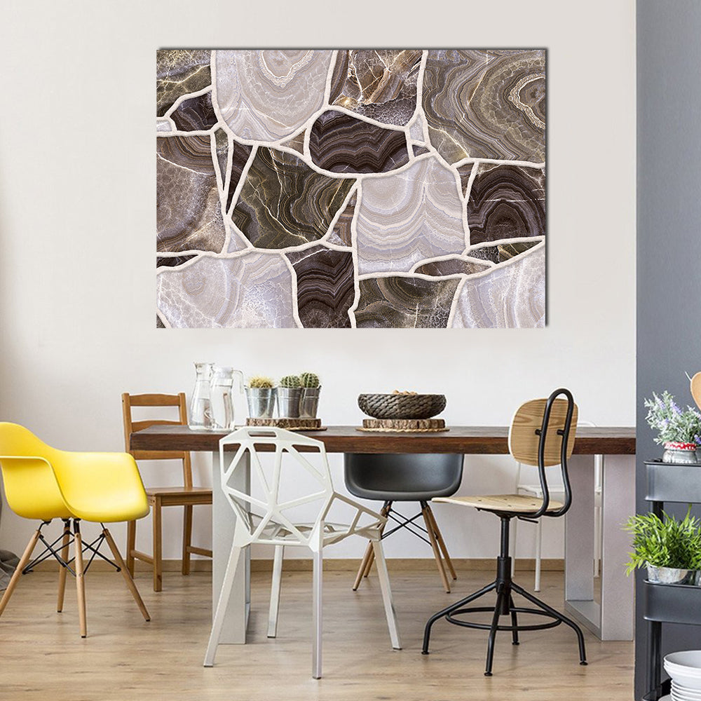 3d Stone Mosaic Canvas Wall Art in gray, beige and brown, single panel hung on a wall