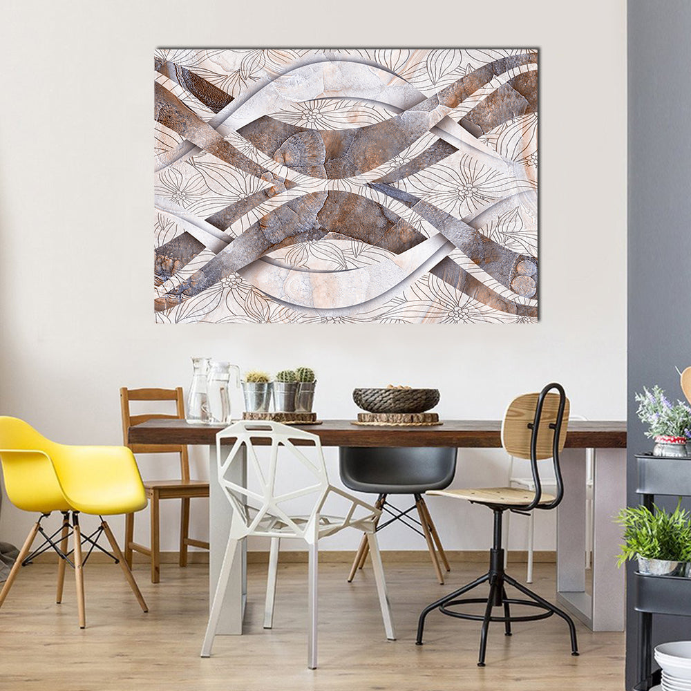 Seamless Stone Bands Abstract Canvas Wall Art in gray, beige and brown, single panel hung on a wall