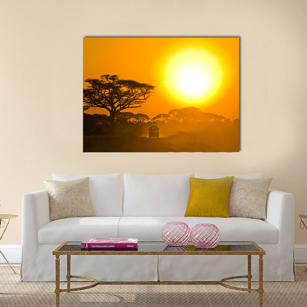 Safari Jeep Driving Through Savannah In The Sunset Africa Canvas Wall Art