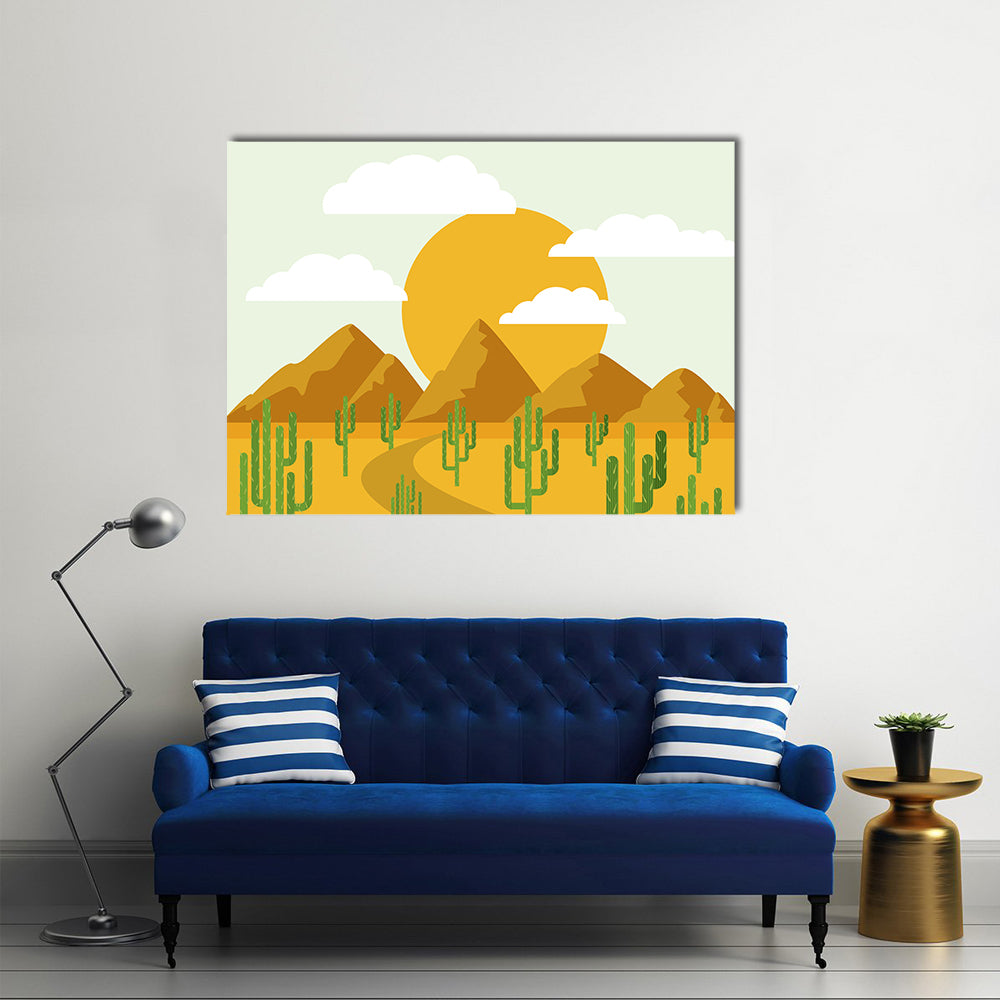 Layered Desert Vector Illustration Canvas Wall Art in orange, yellow and green, single panel hung on a wall