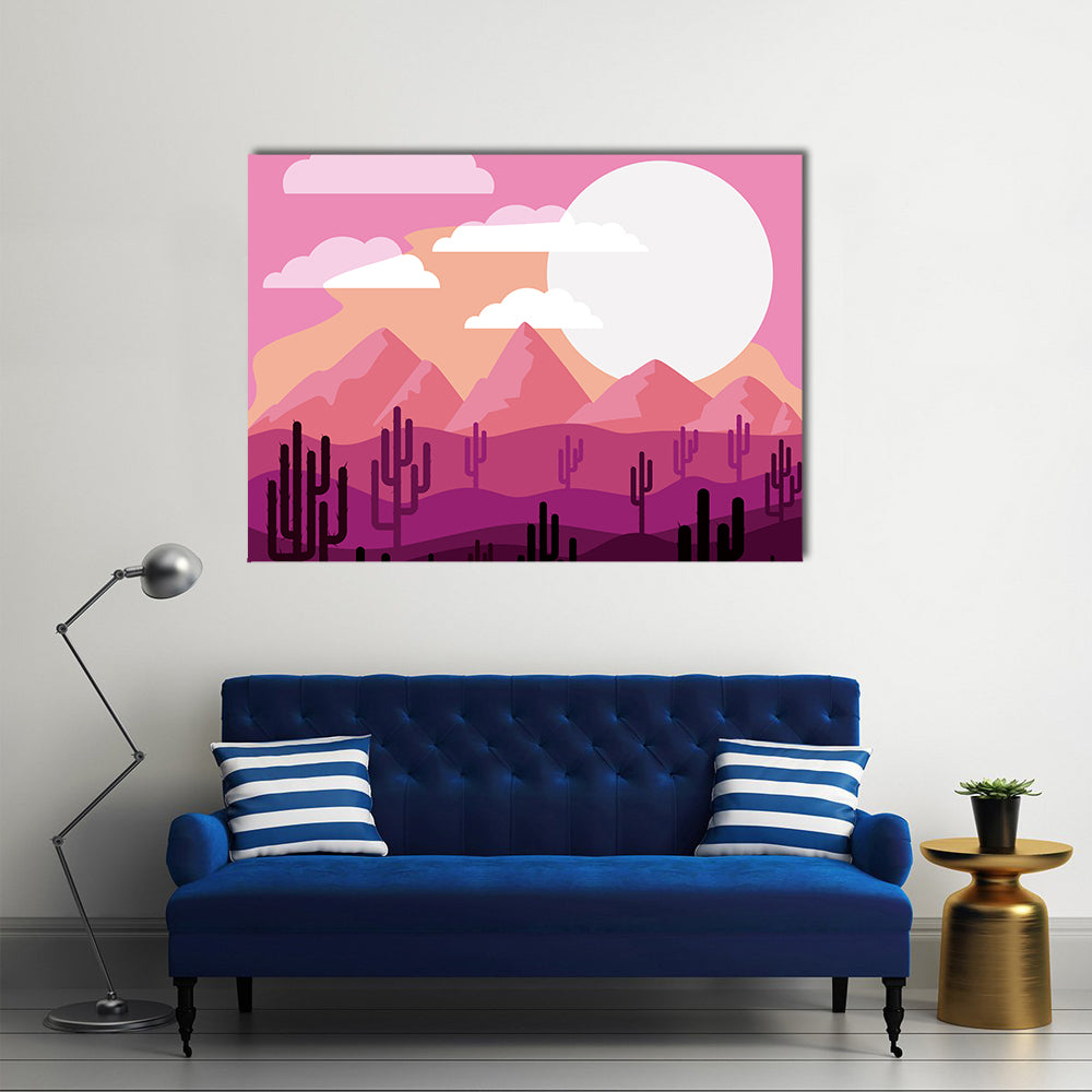 Desert Sunset with Saguaro Silhouettes Canvas Wall Art in orange, purple and pink, single panel hung on a wall