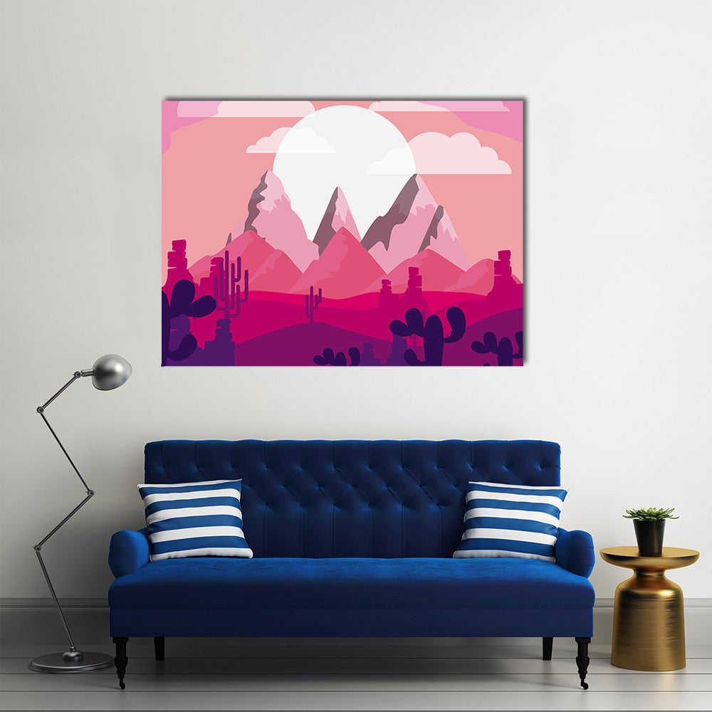 Desert Sunset Mountain Illustration Canvas Wall Art in red, purple and pink, single panel hung on a wall