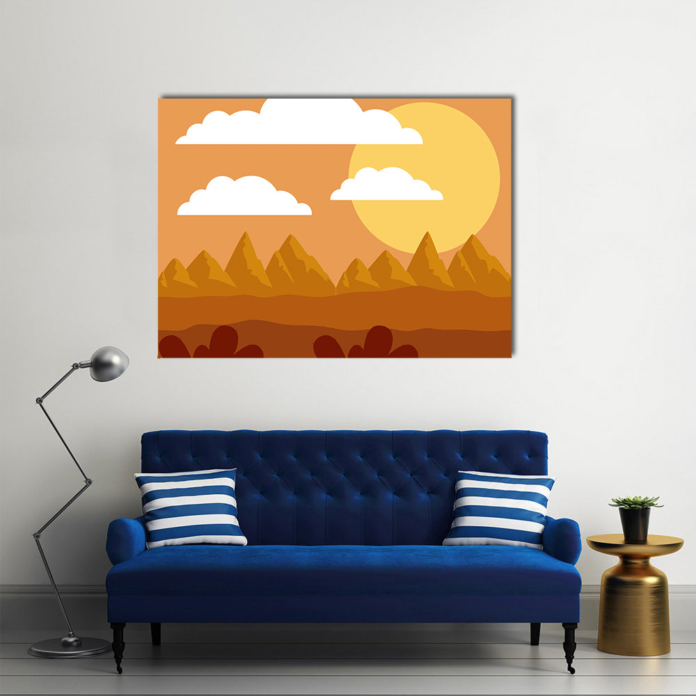 Desert Sunset Illustration Canvas Wall Art in brown, orange and yellow, single panel hung on a wall