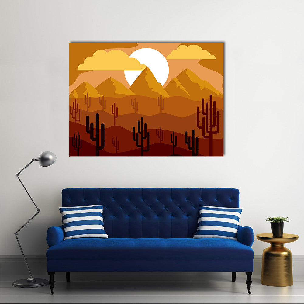 Desert Sunset with Saguaro Cacti Canvas Wall Art in brown, orange and yellow, single panel hung on a wall