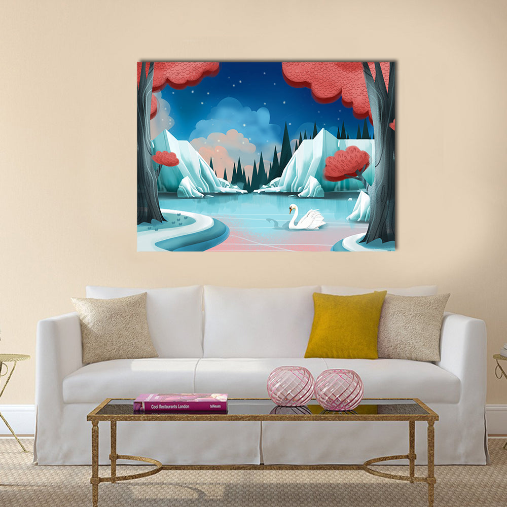 Fantasy Swan Lake Canvas Wall Art in red, blue and pink, single panel hung on a wall