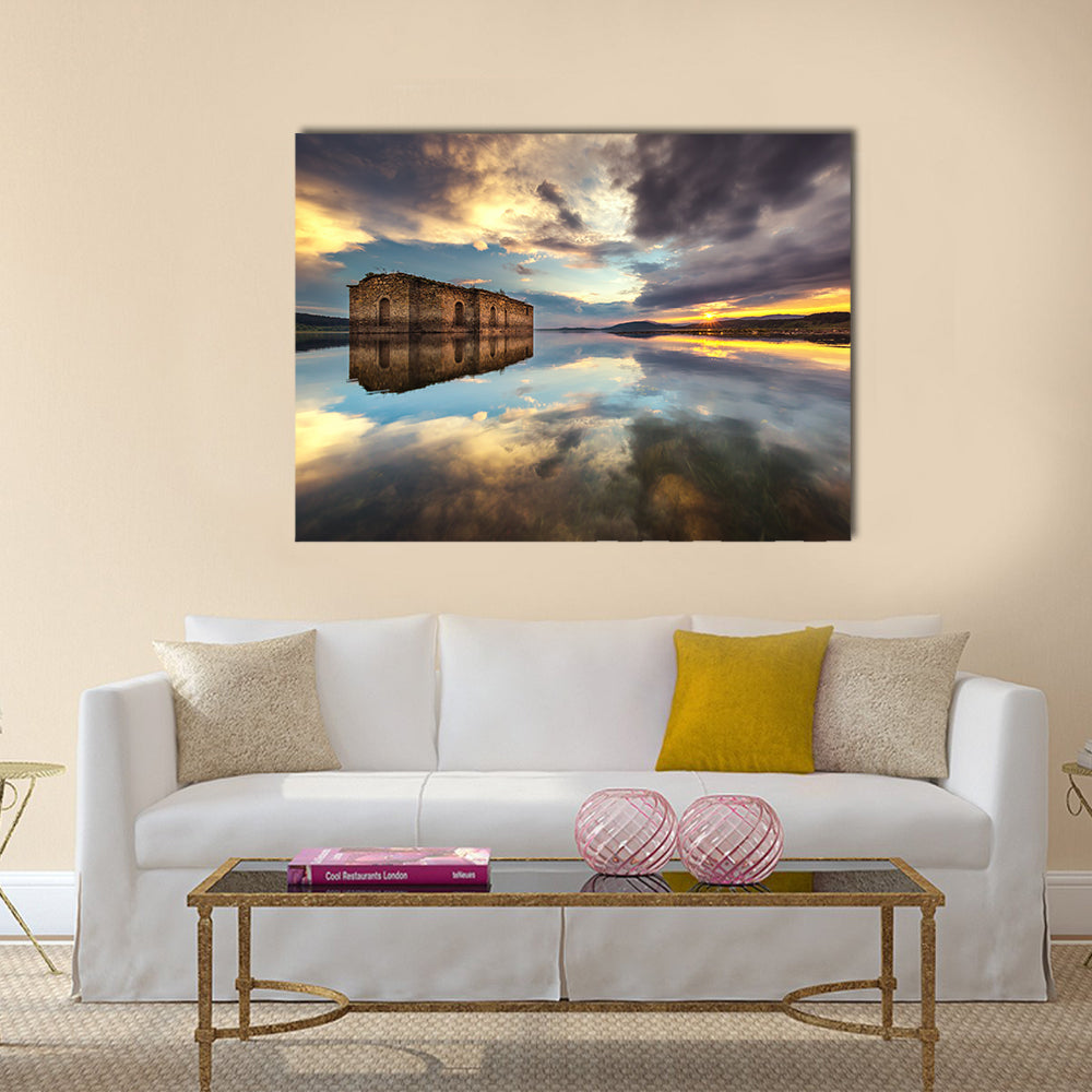 Abandoned Church In Dam Jrebchevo In Bulgaria Canvas Wall Art in brown, yellow and blue, single panel hung on a wall
