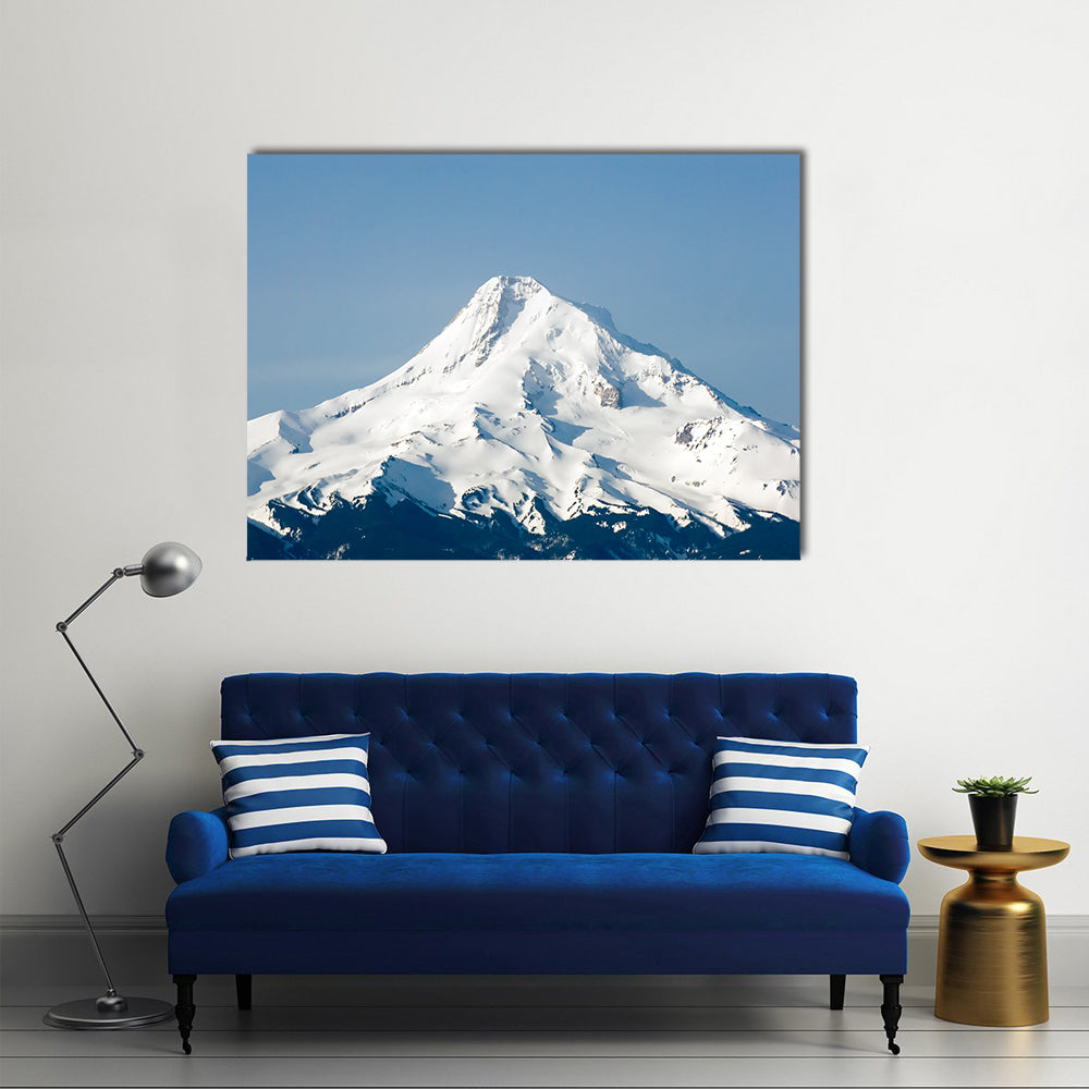 Mount Hood Snow-capped Peak Canvas Wall Art in white and blue, single panel hung on a wall