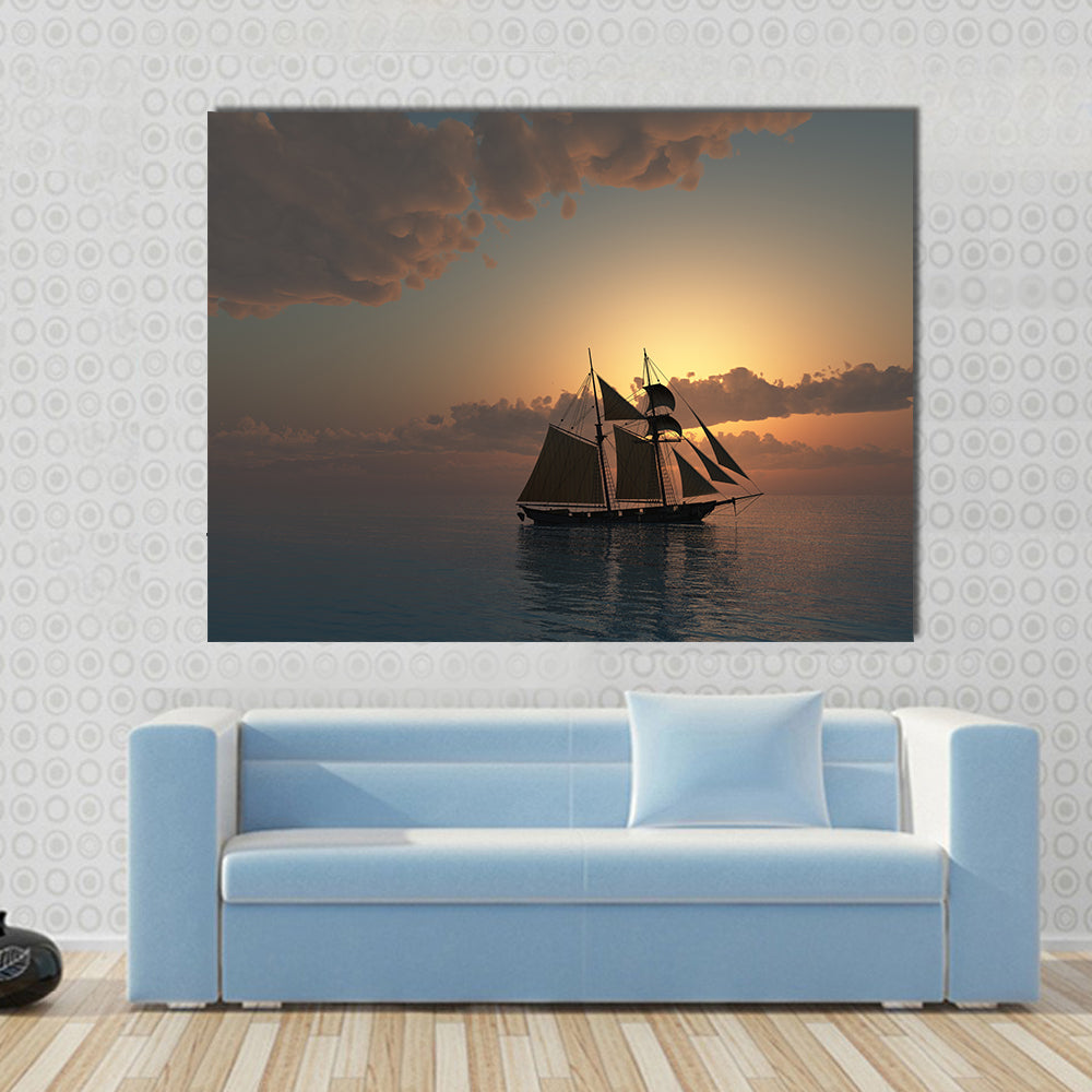 Sunset On Sea With Schooner Ship Wall Art