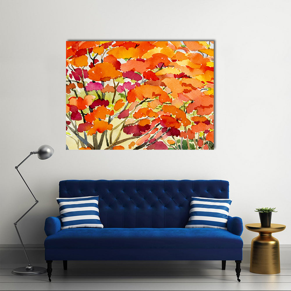 Peacock Flowers Watercolor Abstract Canvas Wall Art in red, orange and yellow, single panel hung on a wall