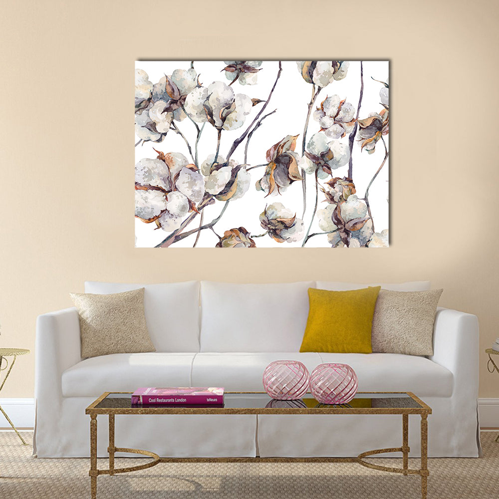 Cotton Bolls Watercolor Pattern Canvas Wall Art
